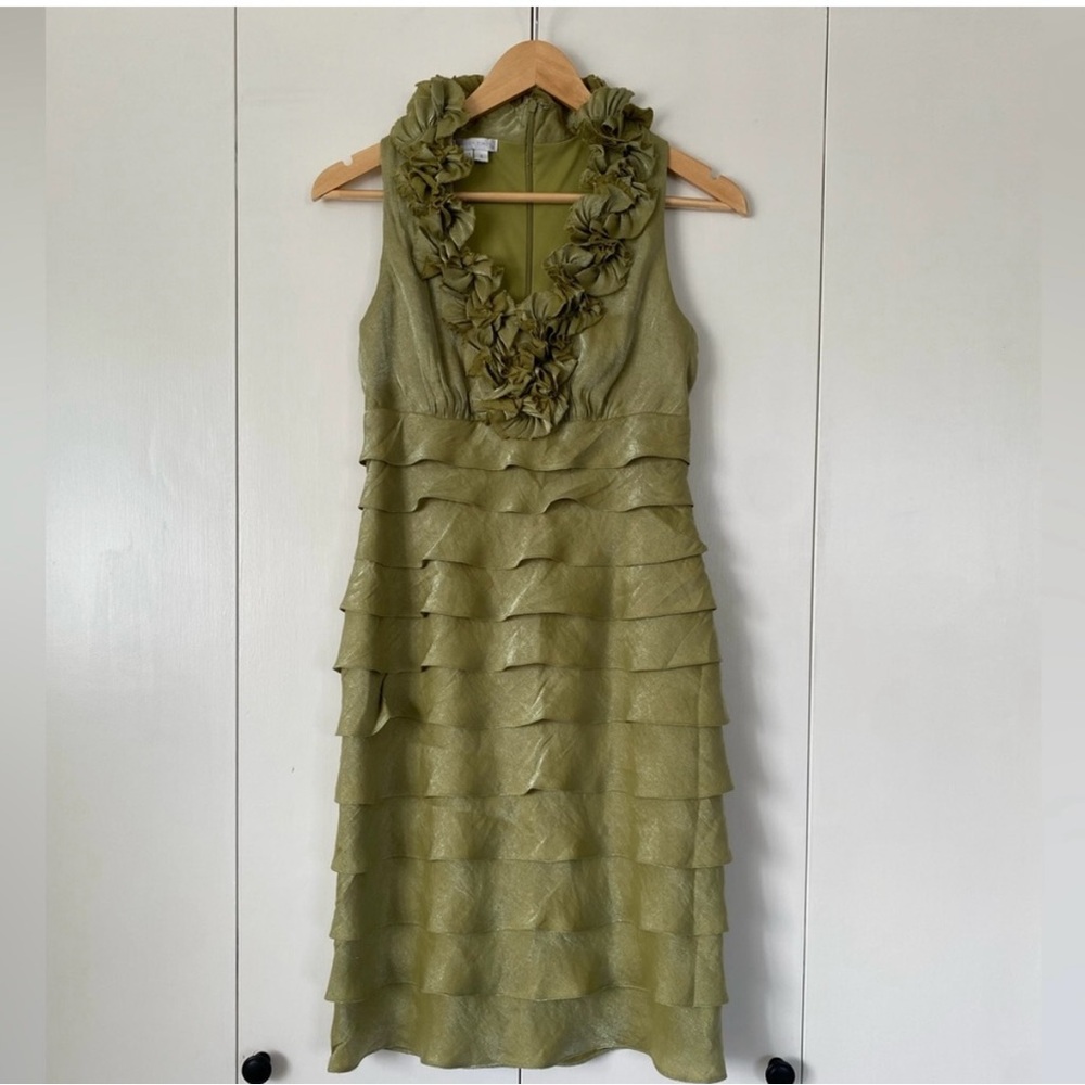 London Times Olive Green Ruffle Dress